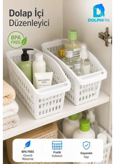 Dolap İçi Düzenleyici Sepet 33x17x15 Cm Saplı Çok Amaçlı Mutfak Banyo Organizeri Beyaz