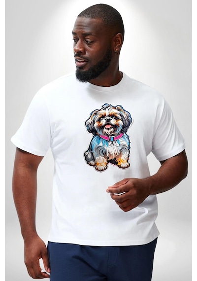 Angemiel Shih Tzu Renkli Köpek Beyaz Büyük Beden Kadın Erkek Ünisex Basic Ön Baskılı Tişört Beyaz