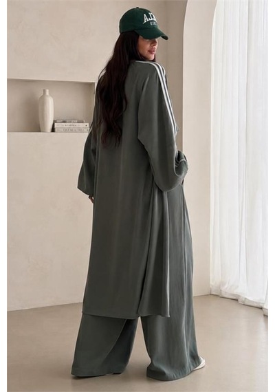 Neşeli Butik Kadın Haki Şerit Detaylı Oversize Tunik Pantolon İkili Tesettür Takım Nms102