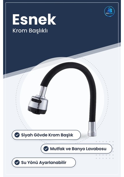 Siyah Kubar Esnek Mutfak Musluk Ağzı Krom Başlıklı Su Çıkışı Bany