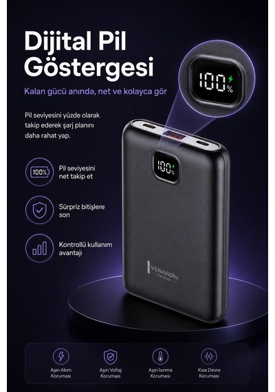 Cep Telefonu Uyumlu 10000 Mah Dijital Göstergeli Hızlı Şarj Powerbank Çok Renkli
