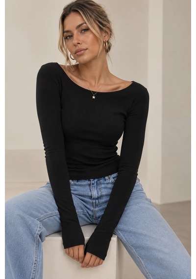 Bb Butik Basic Soft Touch Parmak Geçmeli Kayık Yaka Bluz Mdk35 siyah