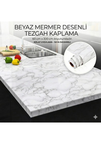 Duvar Kağıtları Beyaz Mermer Desenli Yapışkanlı Tezgah Folyosu 3 Mt.x 60 Cm