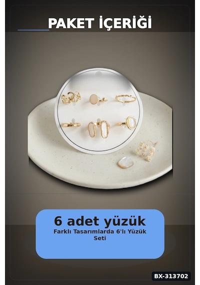 Parlak Pirinç 6 Parça Yüzük Seti, 7-8 Numara Bijuteri Aksesuar Hediyelik Bx-313702 Çok Renkli