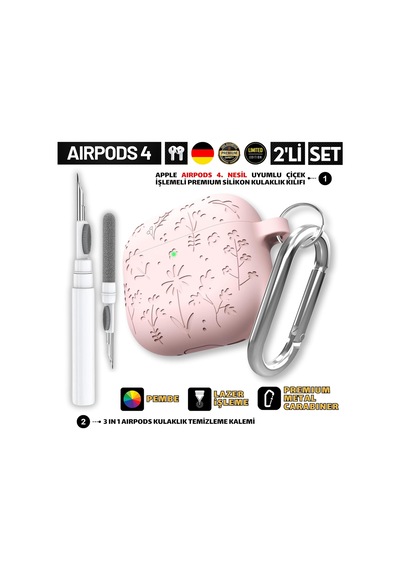 Airpods 4. Nesil Uyumlu Çiçek İşlemeli Premium Silikon Kulaklık Kılıfı Ve 3'ü 1 Arada Bluetooth Kulaklık Temizleme Kalemi Seti Pembe