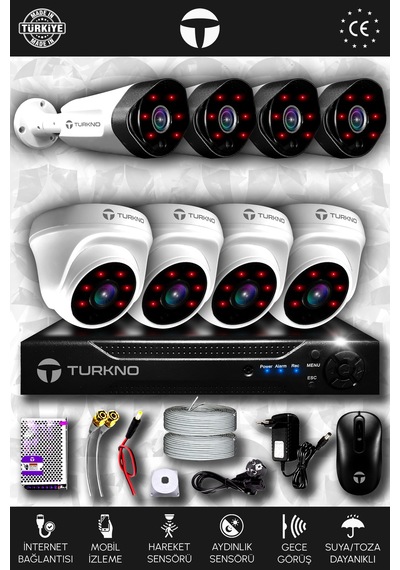 Turkno 8 Kameralı Galia 4 İç Kamera Set HDD'siz Full HD Gece Görüşlü Güvenlik Kamerası Sistemi