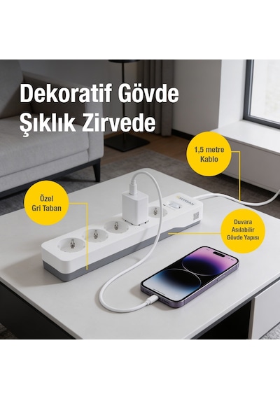 Günsan Beyaz 5'li Akım Korumalı Çocuk Korumalı Grup Priz 1.5m 700 Joule 16ka