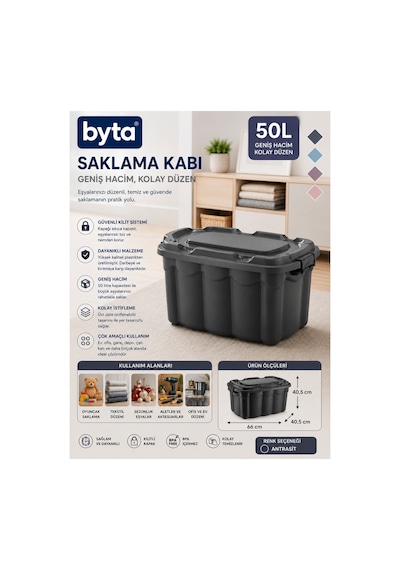 50 Litre Kapaklı Büyük Boy Çok Amaçlı Saklama Kutusu Dayanıklı Plastik Organizer Siyah