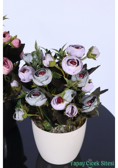 Yapay Çiçek Sitesi Plastik Saksıda Yapay Tomurcuklu Ranunkulus Tanzimi 2'li Set 30 Cm Pembe - Lila