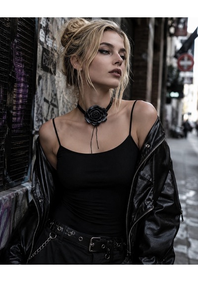 Gotik Siyah Hakiki Deri Çiçek Choker Kolye 01 - Siyah