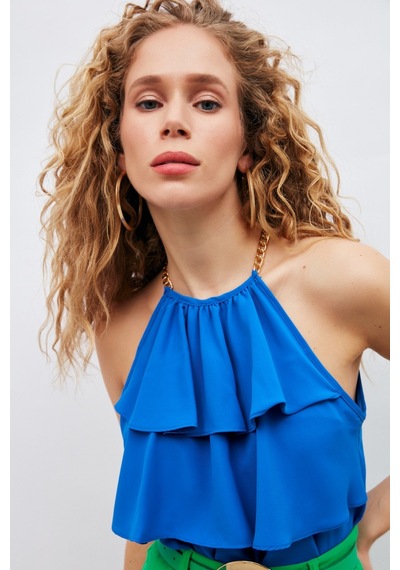 Sateen Zincir Detaylı Volanlı Bluz - Sax Mavi