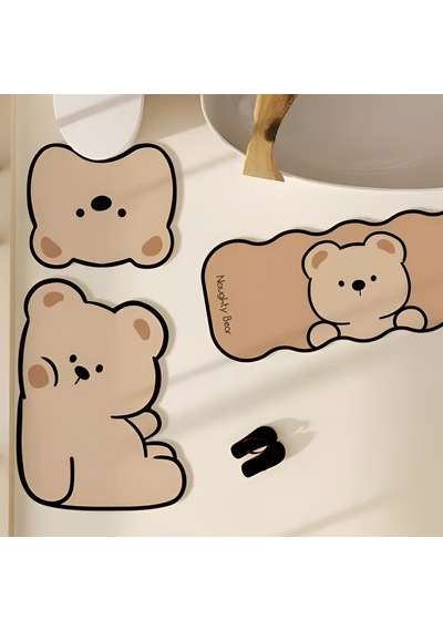 Sevimli Ayıcık Figürlü 3'lü Banyo Paspas Seti - Kaymaz Tabanlı Diatomit Peluş Banyo Halısı Açık Bej