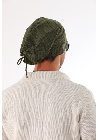 Ritagarcia Unisex Arkası İpli Büzgülü Triko Bere Kışlık Dökümlü Slouchy Beanie Bere Haki
