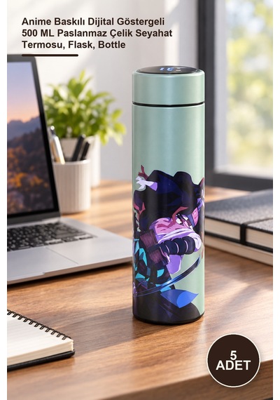 5 Adet Termos Anime Baskılı Dijital Göstergeli 500 Ml Paslanmaz Çelik Seyahat Termosu, Flask, Bottle
