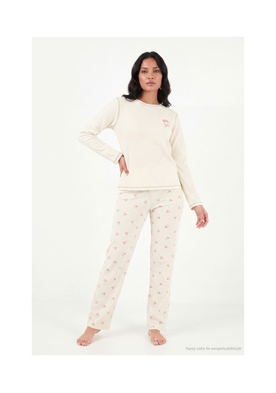 Lela Desenli Yumuşak Dokulu Uzun Kollu Pijama Takımı Kadın Pijama Takımı 6575020 Krem