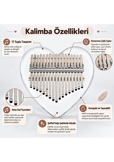 Valkyrie 17 Tuşlu Kalp Şeklinde Kalimba Şeffaf Akrilik Başparmak Piyanosu Nota Etiketli Çantalı Set
