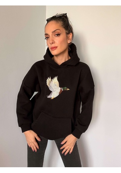 Ali Butik Siyah Önü Nakış İşleme Şardonlu Sweatshirt Siyah
