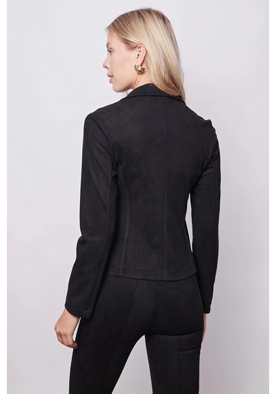 Kadın Kadife Likralı Yumuşak Dokulu Flato Cepli Uzun Kol Düğmeli Blazer Mono Ceket-siyah Siyah