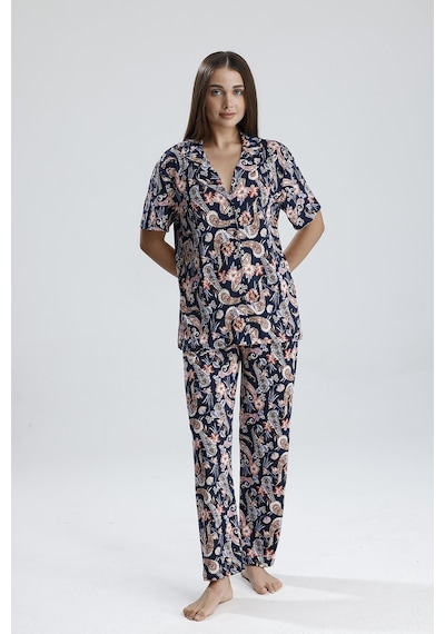Kompedan Kadın Önden Düğmeli Şal Desen Pijama Takım Şal Dsn2