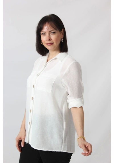 Moda Berray Bb-077 Beyaz Pamuk Keten Kolu Apoletli İki Cepli Kadın Büyük Beden Gömlek Beyaz