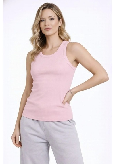 Kadın Fitilli Atlet Sıfır Yaka Slim Fit Arka Baskılı Spor Atlet - Pembe