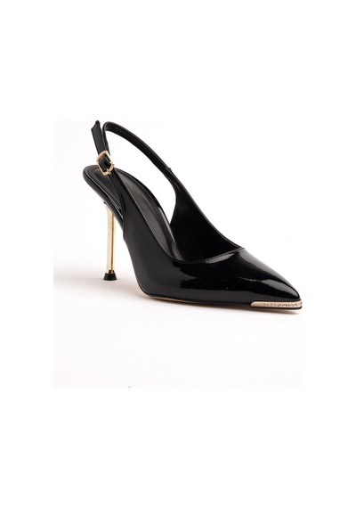 Dilimler Ayakkabı Kadın İnce Topuklu Stiletto Siyah Rugan Metal Taş Aksesuarlı-4540 Siyah