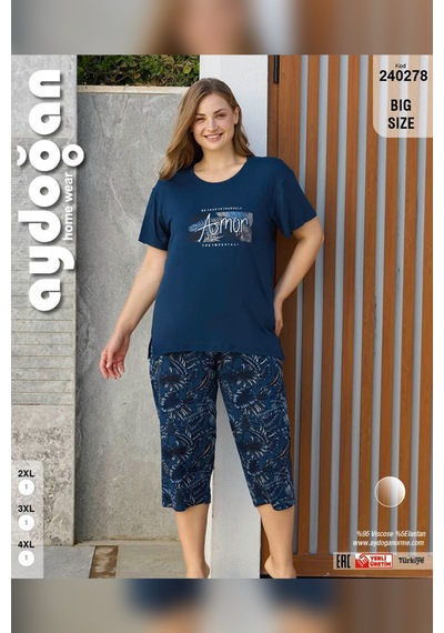 Aydoğan Kadın İnci Büyük Beden Lacivert Kapri Pijama Takım 0278 Lacivert