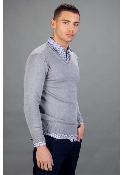 Tudors Slim Fit Dar Kesim V Yaka Pamuklu Erkek Kazak-15252 Gri