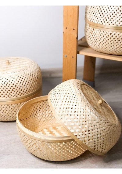 Bohem Dekoratif Kapaklı Bambu Kutu, Sepet, Iskandinav, Modern, Bohem, Rattan Bej