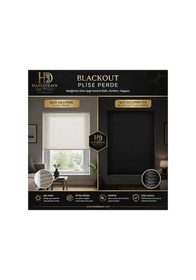 Hanedizayn %100 Blackout Karartma Plise Perde Işık Geçirmeyen Isı Yalıtımlı Perde Ekru Black001
