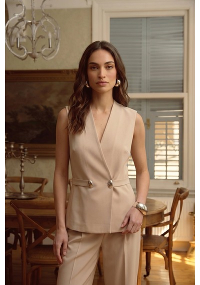 Sateen Sofia Düğme Detaylı Yelek - Bej-137607
