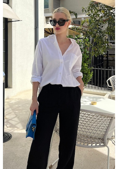 Madmext Beyaz Oversize Basic Cepli Poplin Gömlek Mg1530 Beyaz