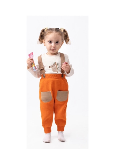 Tiwitibaby Triko Çapraz Askılı Salopet Koala Figürlü Esnek Kaşkorse Badi Bereli Unisex Bebek Takım Turuncu