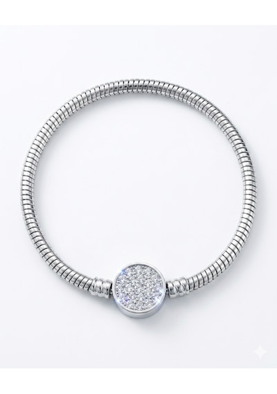 Kadın Charm İçin Uygun Yuvarlak Taşlı Model Çelik Bileklik 18 Cm Silver