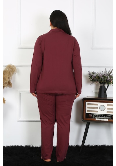 Akbeniz Kadın Büyük Beden Pamuklu Cepli Düğmeli Mürdüm Pijama Takım 202401-mürdüm Mürdüm