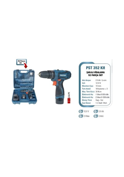 Proter Pst352 52 Parça Setli Şarjlı Matkap Vidalama Kiti