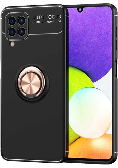 Noktaks - Galaxy A22 4g Uyumlu Kılıf Koruyucu Yüzüklü Karbon Ravel Silikon Kapak - Siyah-rose Gold - T22141