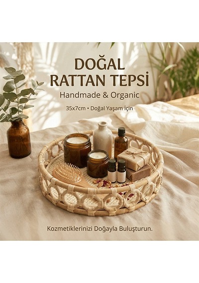Doğal Rattan Tepsi , %100 El Yapımı Tepsi, Sunum Tepsisi , Yuvarlak Tepsi 35 X 7cm Bh24495 Rattan