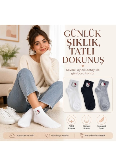 Kadın Sevimli Kedi Desenli Kısa Konç Çorap 3 Çift, %80 Pamuklu Dikişsiz Burun, Siyah Beyaz Gri, Yumuşak Günlük Bilek Çorabı Beden: 36-40, Renk: Çok Renkli 3 Lü Set3