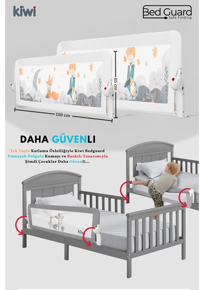 Kiwi Çocuk Yatak Koruyucu Bariyeri Ve Yatak Korkuluğu, Ekstra Dolgulu Kumaş Bed Guard Beyaz 150x65