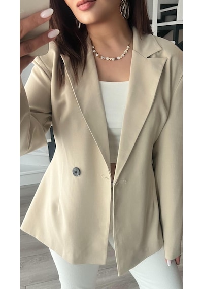Bej Volanlı Bel Oturtmalı Blazer Ceket Bej