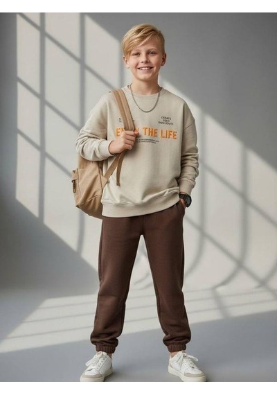 Zekids Erkek Çocuk Yumuşak Dokulu Enjoy The Life Yazılı Eşofman Takım-16615 Bej