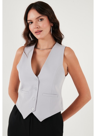 Lela Fitted Fit Düğmeli V Yaka Düğmeli Bayan Yelek 6696796 Açık Gri