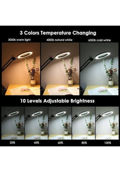 8x Büyüteçli Led 360 Derece Ayarlanabilir Masa Lambası 3 Renk Modlu Metal Esnek Kelepçeli