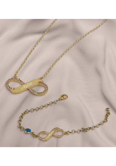 BK Gift Kişiye Özel Zirkon Taşlı Gold Sonsuzluk Kolye ve Bileklik Altın