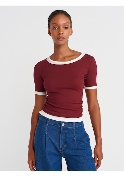 Dilvin 31942 Çift Katlı Büzgülü T-shirt-açık Bordo Açık Bordo