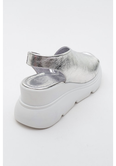 Luvishoes Agusto Metalik Gümüş Hakiki Deri Kadın Dolgu Topuk Sandalet Gümüş