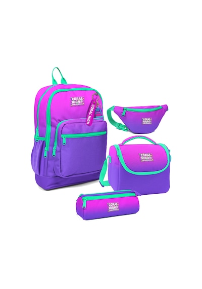 Coral High Kız Çocuk Pembe Mor Renk Geçişli Desenli İlkokul Okul Çanta Seti Ve Bel Çantası