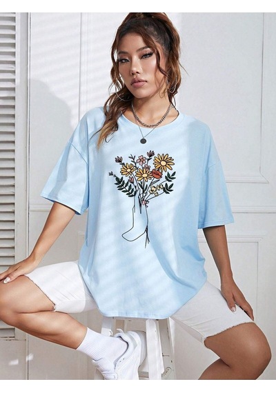 Çiçek Desenli T-shirt - Bebe Mavisi Oversize Baskılı Bisiklet Yaka Bebe Mavisi