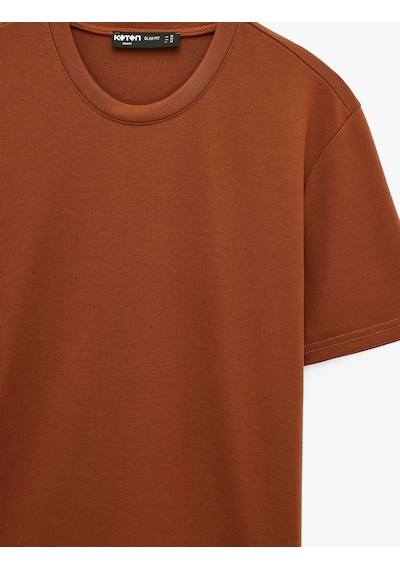 Koton Bisiklet Yaka Viskon Karışımlı Kısa Kollu Basic Slim Fit Tişört Kiremit 6sam10285mk